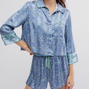 Free People Blue and Green Floral Silky Pajama Set
